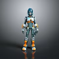 Futuristic Robot Game Movie Character With Blue Orange Mechanical Armor And Metallic Texture