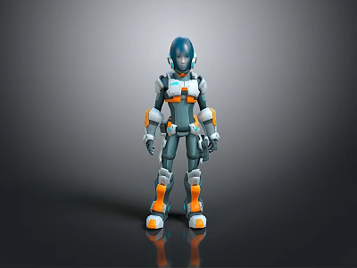 Futuristic Robot Game Movie Character With Blue Orange Mechanical Armor And Metallic Texture 3d model
