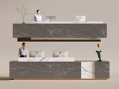 Modern Front Desk Reception With Marble Countertop Staff Computers Green Plant And Decorative Sculpture 3d model