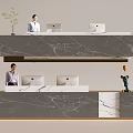 Modern Front Desk Reception With Marble Countertop Staff Computers Green Plant And Decorative Sculpture