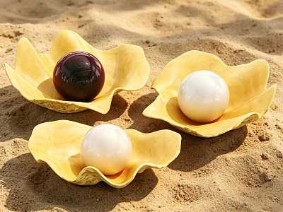 Aquatic Oyster Pearls Placed in Yellow Shell Bowls on Sandy Ground 3d model