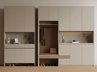 Modern Entryway Cabinet Design With Storage Shelves Hanging Area And Decorations 3d model