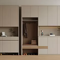 Modern Entryway Cabinet Design With Storage Shelves Hanging Area And Decorations