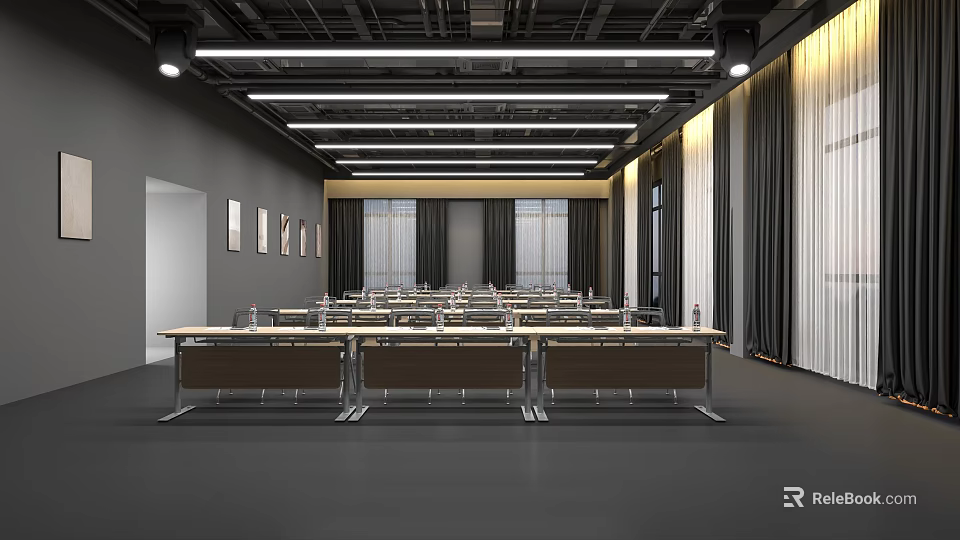 Modern Conference Room With Long Tables Chairs Ceiling Lighting Curtains And Decorative Wall Paintings 3d model 