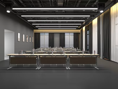 Modern Conference Room With Long Tables Chairs Ceiling Lighting Curtains And Decorative Wall Paintings 3d model