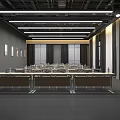 Modern Conference Room With Long Tables Chairs Ceiling Lighting Curtains And Decorative Wall Paintings