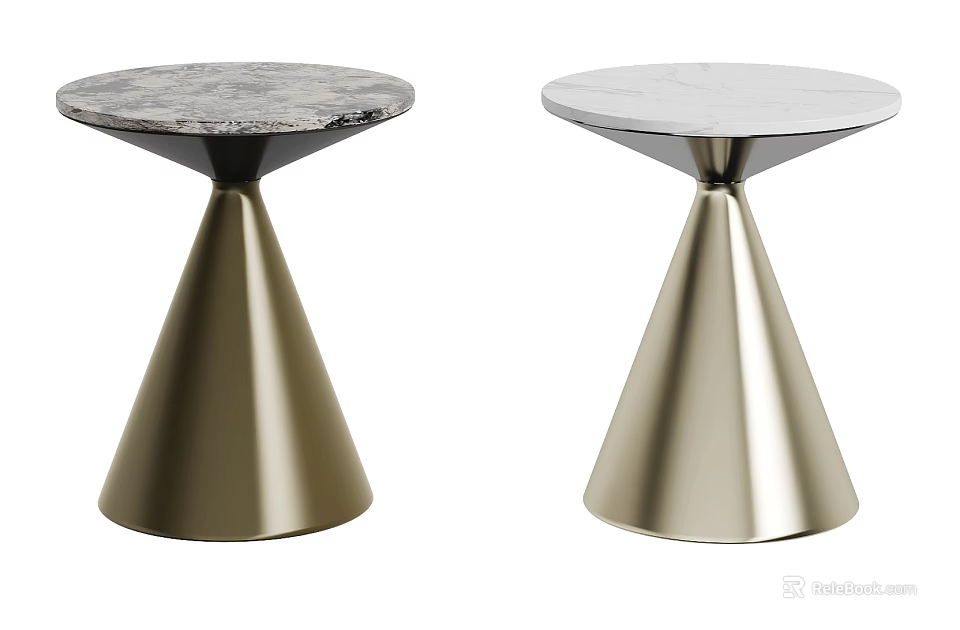 Modern Round Side Tables With Marble Top And Conical Metal Base 3d model 