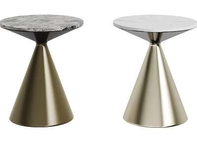 Modern Round Side Tables With Marble Top And Conical Metal Base 3d model