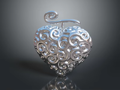 Artistic Silver Heart Shaped Sculpture With Intricate Swirl Carving And Top Curl Design 3d model