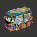Colorful Orange And Blue Food Truck Model With Surfboard On Top And Detailed Design