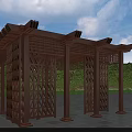 Outdoor Wooden Pergola With Intricate Lattice Design And Greenery Under Blue Sky