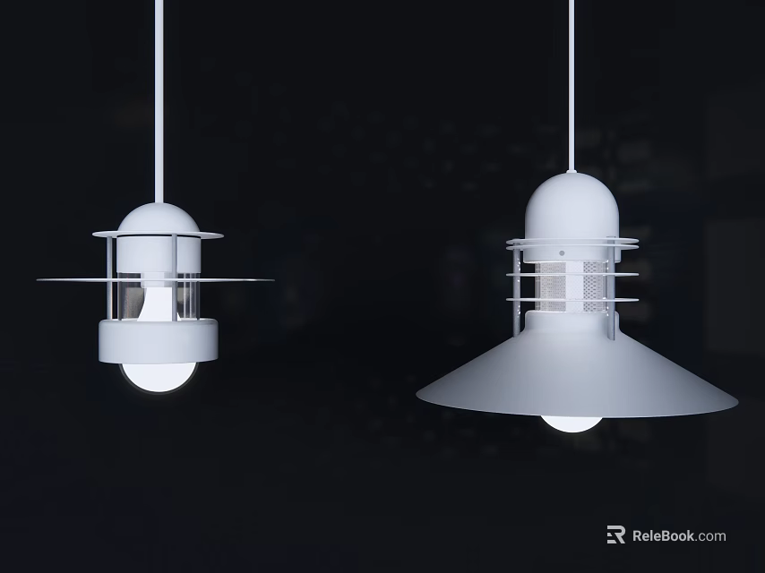 Two Modern Pendant Lights With White Shade And Metal Structure In Dark Interior 3d model 