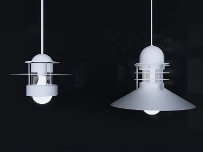 Two Modern Pendant Lights With White Shade And Metal Structure In Dark Interior 3d model