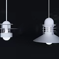 Two Modern Pendant Lights With White Shade And Metal Structure In Dark Interior