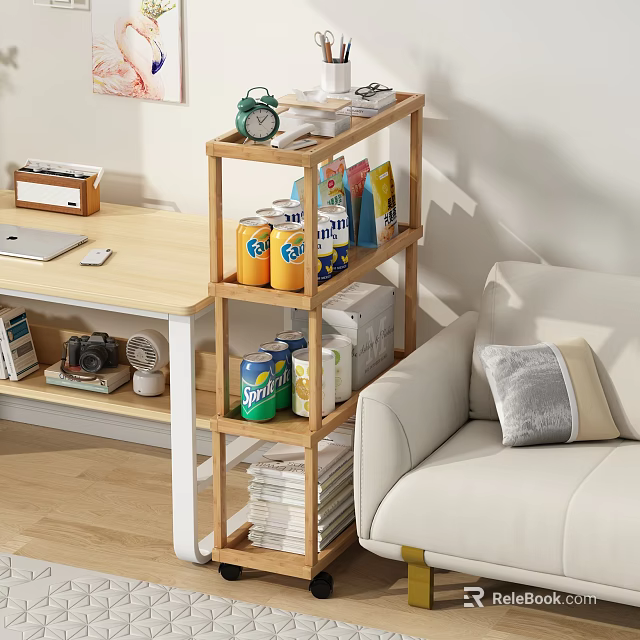 Wooden Multi tiered Storage Shelf Organizing Canned Drinks Books in Living Room with Sofa 3d model 