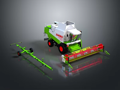 Green And White Claas Combine Harvester With Agricultural Attachments And Red Cutting Parts 3d model
