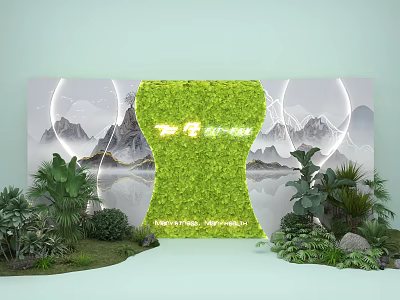 Popular Photo Check In Spot With Green Moss Arch Mountain Landscape Background And Surrounding Plants 3d model