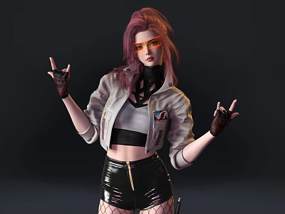 Pink Haired Woman Wearing White Jacket Black Leather Shorts Fishnet Stockings And Making V Sign With Gloves 3d model