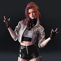 Pink Haired Woman Wearing White Jacket Black Leather Shorts Fishnet Stockings And Making V Sign With Gloves