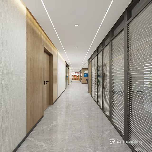 Modern Office Corridor With Polished Marble Floor Wooden Doors Glass Partitions And Recessed Ceiling Lights 3d model 