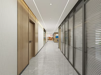 Modern Office Corridor With Polished Marble Floor Wooden Doors Glass Partitions And Recessed Ceiling Lights 3d model