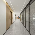 Modern Office Corridor With Polished Marble Floor Wooden Doors Glass Partitions And Recessed Ceiling Lights