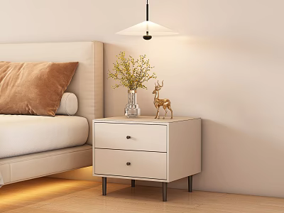 Modern White Bedside Table With Two Drawers And Deer Ornament Vase Plant Near Bed 3d model