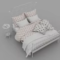 White Metal Frame Double Bed With Floral Bedding And Side Nightstand 3d model