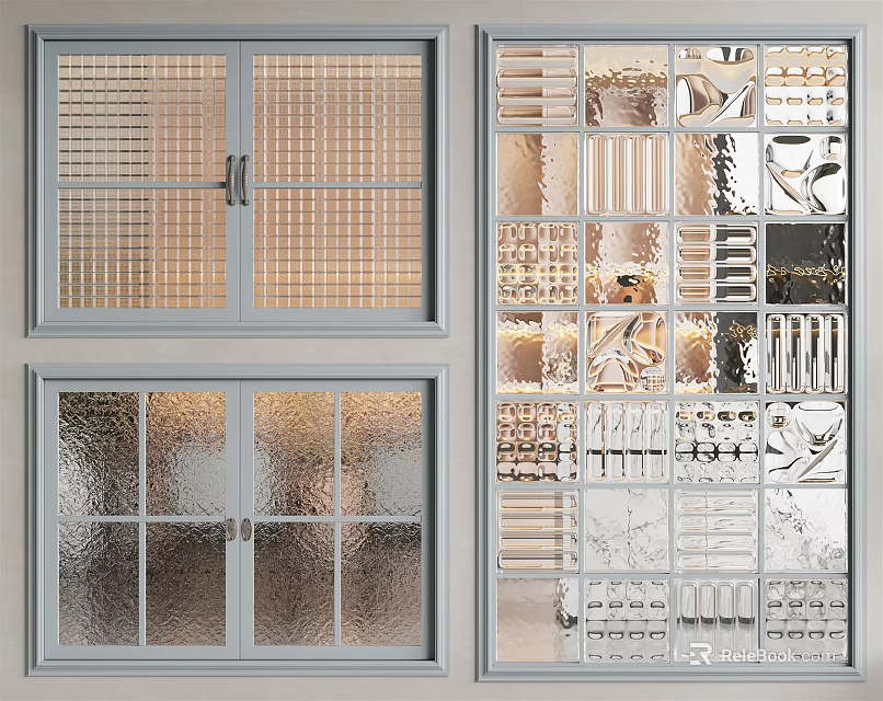 Modern Casement Windows With Gray Frames And Grid Textured Glass Design 3d model 
