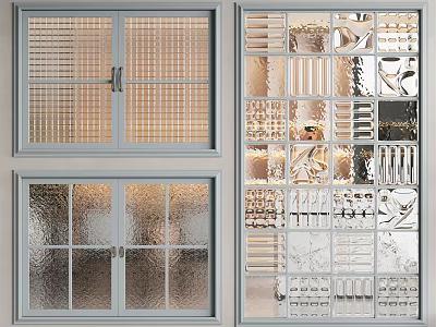 Modern Casement Windows With Gray Frames And Grid Textured Glass Design 3d model