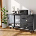 Modern Black Sideboard Cabinet Featuring Glass Doors Drawers Gold Handles Microwave Coffee Maker And Books