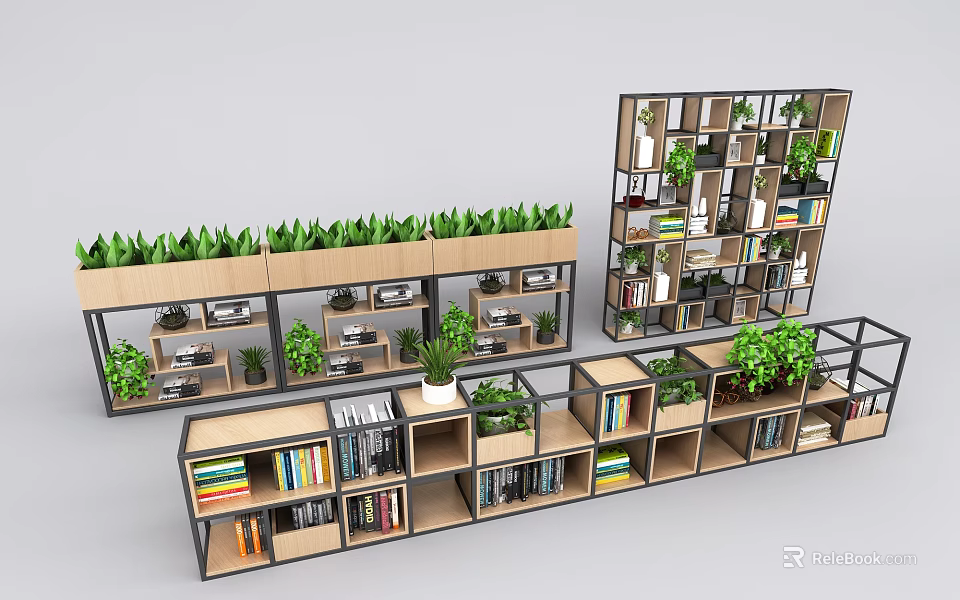 Modern Layered Bookshelf Design With Books And Green Plants In Interior Space 3d model 