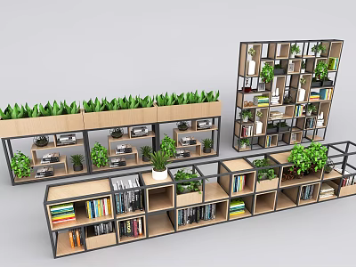 Modern Layered Bookshelf Design With Books And Green Plants In Interior Space 3d model