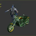 Custom Red And Black Cruiser Motorcycle With Yellow Rims And Rider In Armored Vest