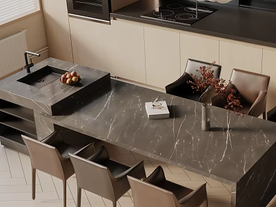 Modern Dining Table Set With Marble Top Four Chairs Vase Flowers Fruit Bowl And Book 3d model