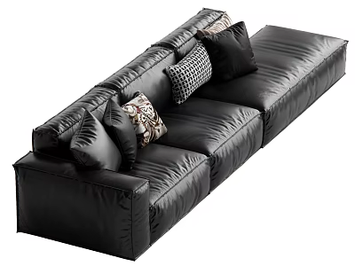 Modern Black Leather Sectional Sofa With Decorative Patterned Pillows For Living Room Seating 3d model