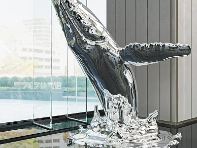 Silver Whale Sculpture With Splashing Water Base In Modern Interior 3d model