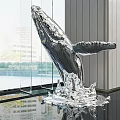 Silver Whale Sculpture With Splashing Water Base In Modern Interior