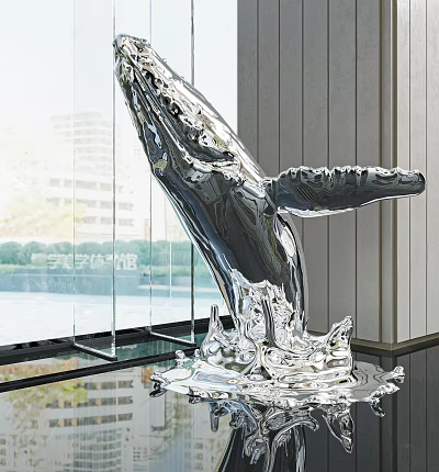 Silver Whale Sculpture With Splashing Water Base In Modern Interior 3d model