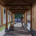 Traditional Chinese Pergola Featuring Wooden Structure Black Tiled Roof Vertical Slat Railings and Stone Base