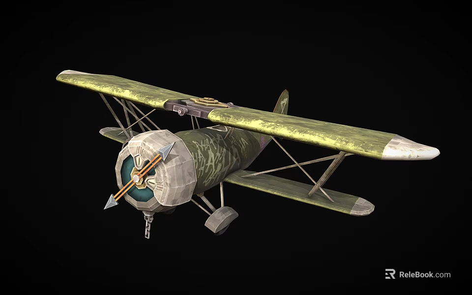 Vintage Military Green Biplane With Camouflage Pattern Double Wings And Propeller 3d model 