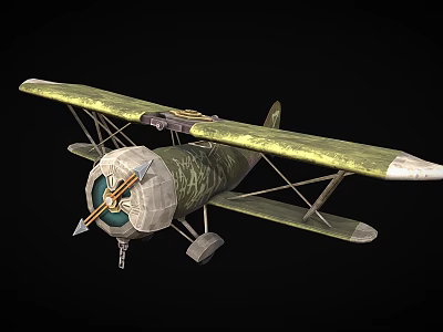 Vintage Military Green Biplane With Camouflage Pattern Double Wings And Propeller 3d model