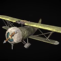 Vintage Military Green Biplane With Camouflage Pattern Double Wings And Propeller