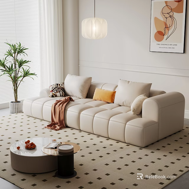 Beige Sectional Sofa With Pillows Throw Blanket Coffee Table And Green Plant In Living Room 3d model 