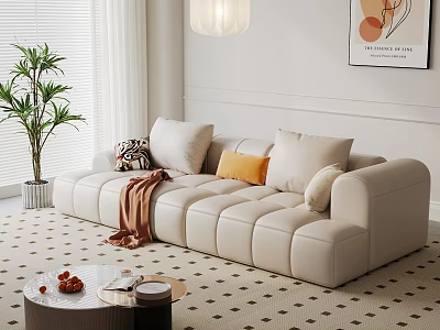 Beige Sectional Sofa With Pillows Throw Blanket Coffee Table And Green Plant In Living Room 3d model