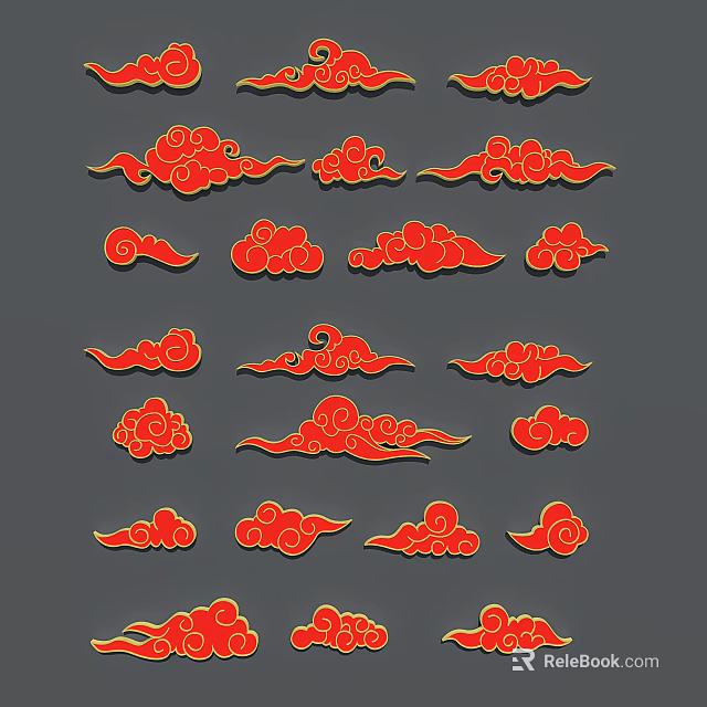 Red Cloud Silhouettes Collection With Traditional Chinese Pattern Designs And Various Decorative Shapes 3d model 