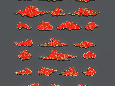 Red Cloud Silhouettes Collection With Traditional Chinese Pattern Designs And Various Decorative Shapes 3d model