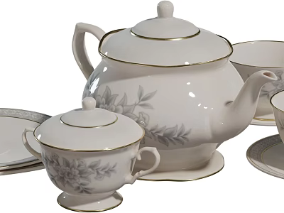 White Ceramic Tea Set With Gray Floral Pattern And Gold Trim Teapot Cups Saucers 3d model