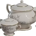 White Ceramic Tea Set With Gray Floral Pattern And Gold Trim Teapot Cups Saucers