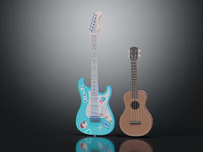 Musical Instruments and Art Supplies Featuring Blue Electric Guitar Brown Ukulele and Artistic Decorative Elements 3d model